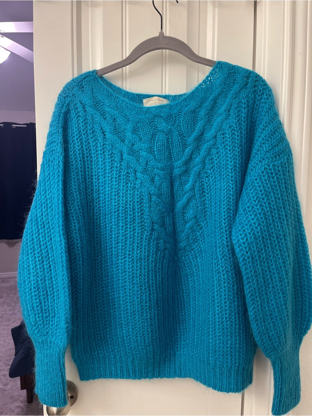 Sezane Teal Cable-Knit Scoop-Neck Sweater